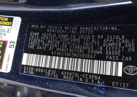 2022 Toyota Camry Xse Hybrid z USA, uszkodzony, nr VIN 4T1K31AK2NU593667